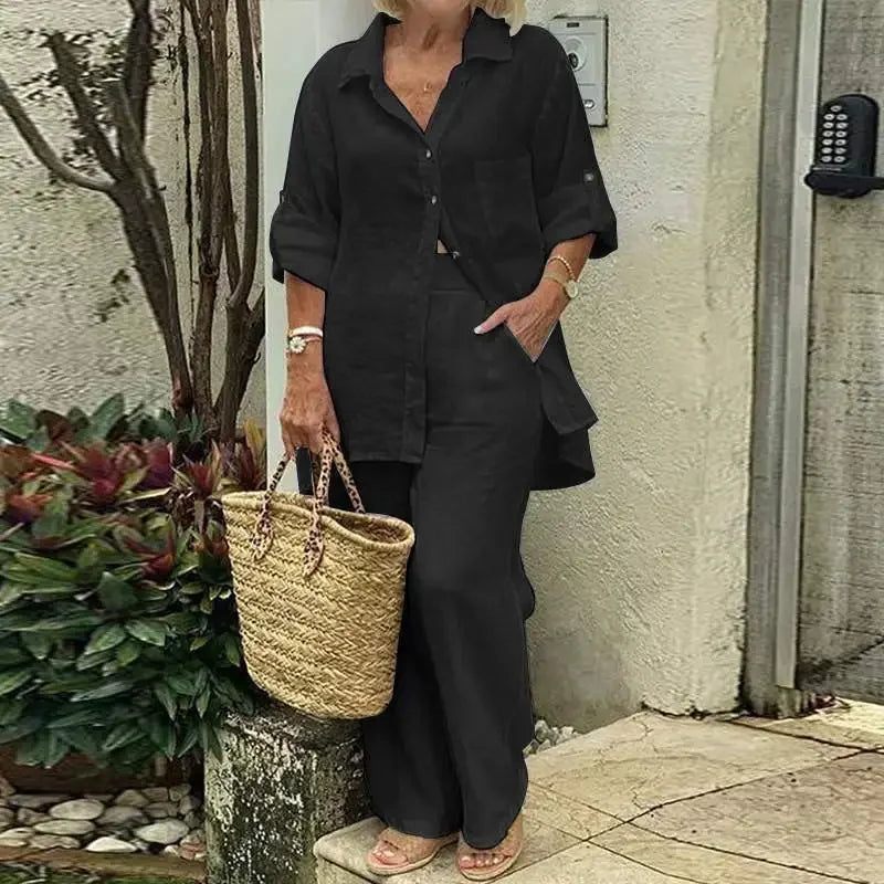 Vzdušná a stylová oversized kombinace topu s halenou a kalhotami pro ženy – Amaris