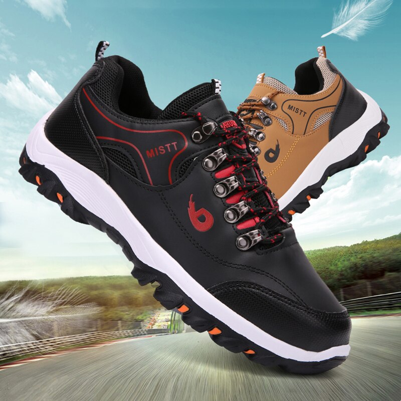 Schwarze und braune Outdoor-Wanderschuhe, rutschfest, atmungsaktiv, für Herren.