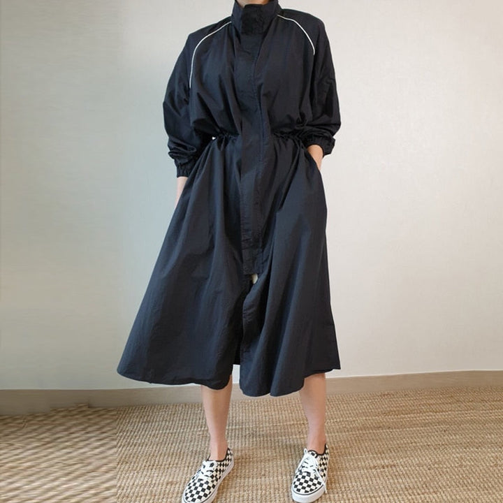 Damen Trenchcoat schwarz, lang, Baumwolle, modisch, elegant, Freizeitkleidung, Herbstmode