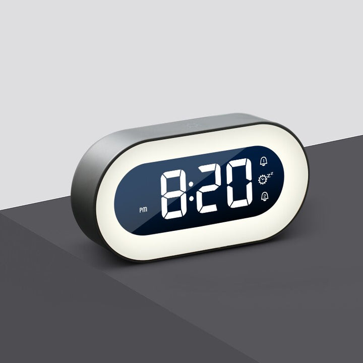 Digitaler Wecker mit LED-Anzeige, oval, grau, modernes Design, Tischuhr, Schlafzimmer.