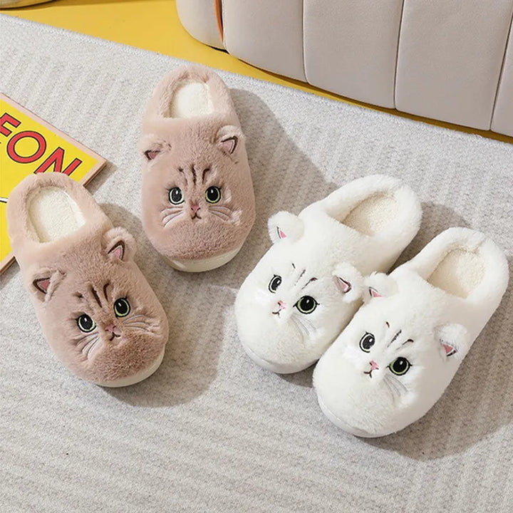 Katzenschuhe Plüsch Hausschuhe, beige und weiß, Damen, gemütlich, rutschfest, Wintermode.