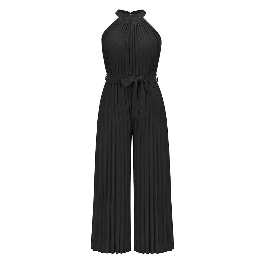 Schwarzer, ärmelloser Jumpsuit mit Plissee-Design und Taillengürtel für Damenmode.