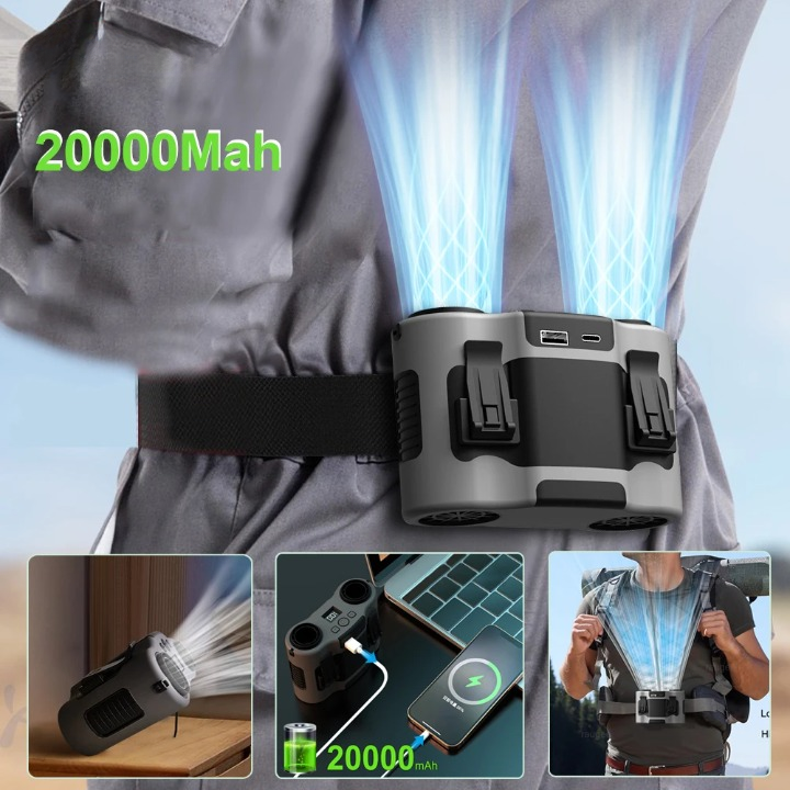 Přenosný větrák na opasek se dvěma vývody vzduchu a baterií 20 000 mAh – BreezeMate