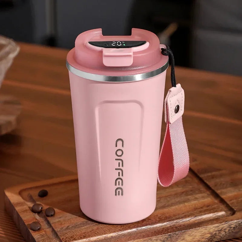 Rosa Thermobecher mit Deckel, Edelstahl, Kaffeetasse, tragbar, umweltfreundlich, wiederverwendbar.