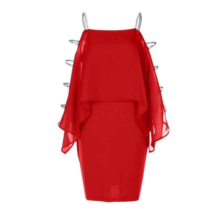 Rotes Damenkleid mit transparenten Ärmeln, elegantes Design, Abendmode, Polyester.