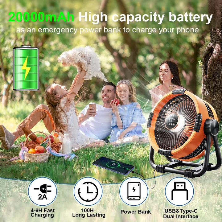 Kempingový ventilátor s akumulátorem 20000 mAh, LED osvětlením a dálkovým ovládáním – WindMate