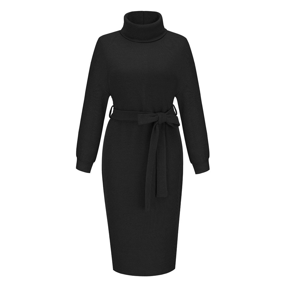 Schwarzes Strickkleid mit Rollkragen und Gürtel, langärmelig, elegant, Damenmode.