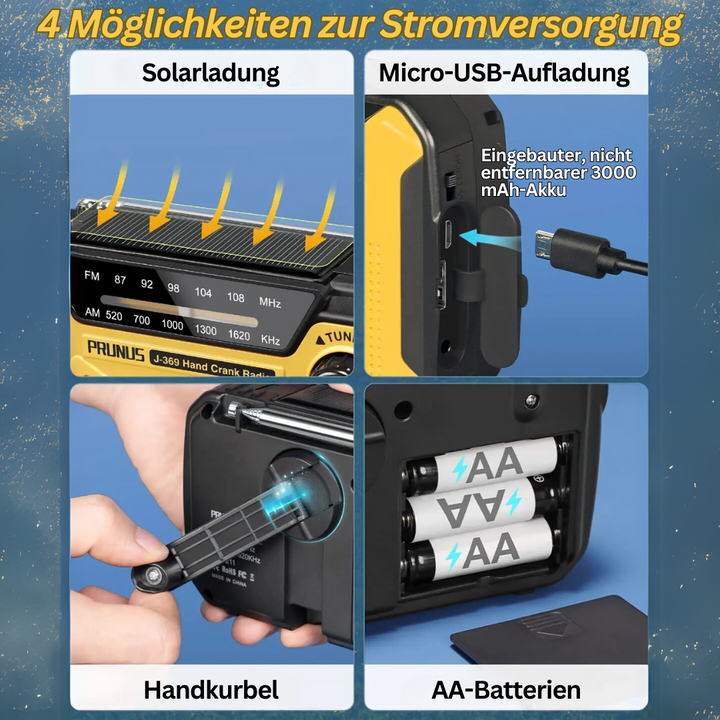 Tragbares Notfallradio mit Solar, USB, Handkurbel, AA-Batterien, gelb-schwarz, 3000 mAh Akku.