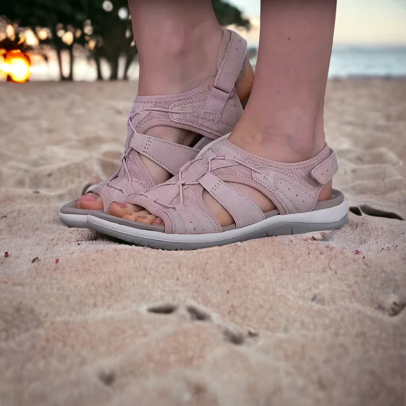 Damen Sandalen rosa, orthopädisch, bequem, Strand, Sommermode, Fußgesundheit, Freizeitkleidung.