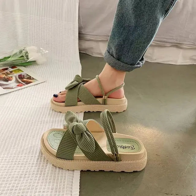 Grüne Sandalen mit Plateau, Schleifen-Design, Damen-Sommerschuhe, modisch, bequem.