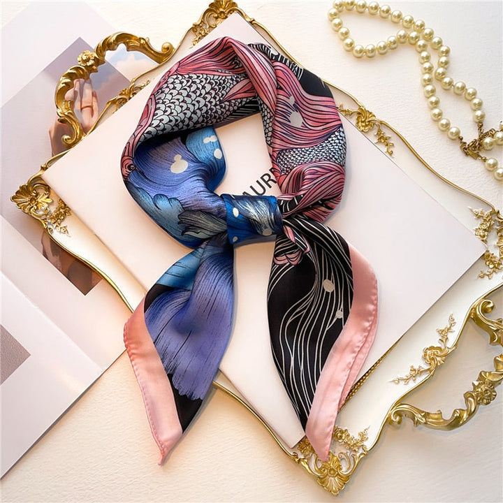 Seidenschal Damen, buntes Fischmuster, elegant, modisch, Accessoire, Geschenkidee, 90x90 cm