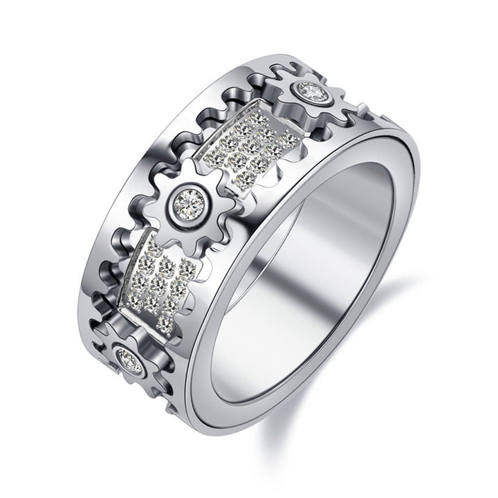 Silberner Edelstahlring mit Zahnrad-Design und Zirkonia-Steinen, Herrenmode-Schmuck.