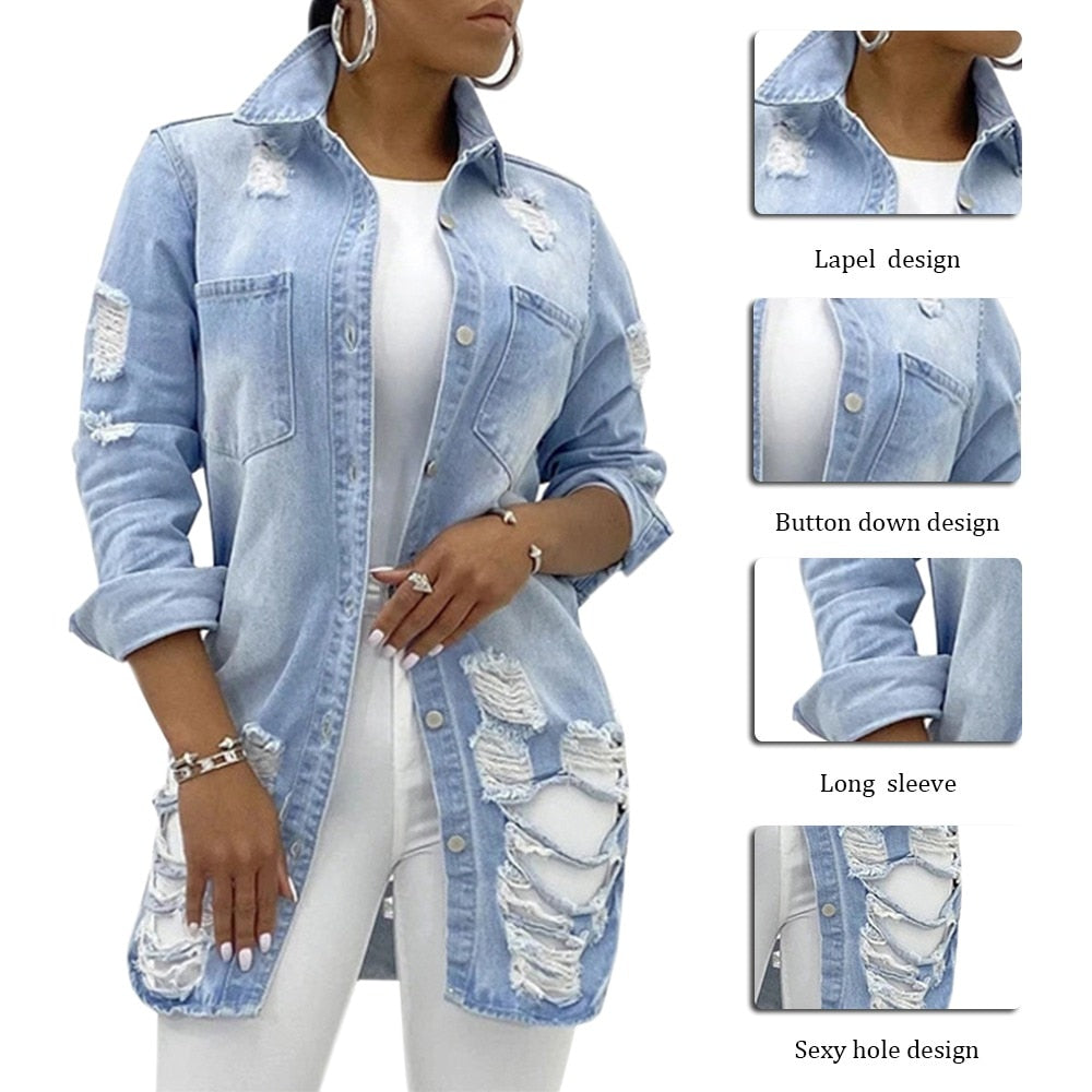 Damen Jeansjacke, hellblau, zerrissen, lange Ärmel, modisch, lässig, Knopfleiste.