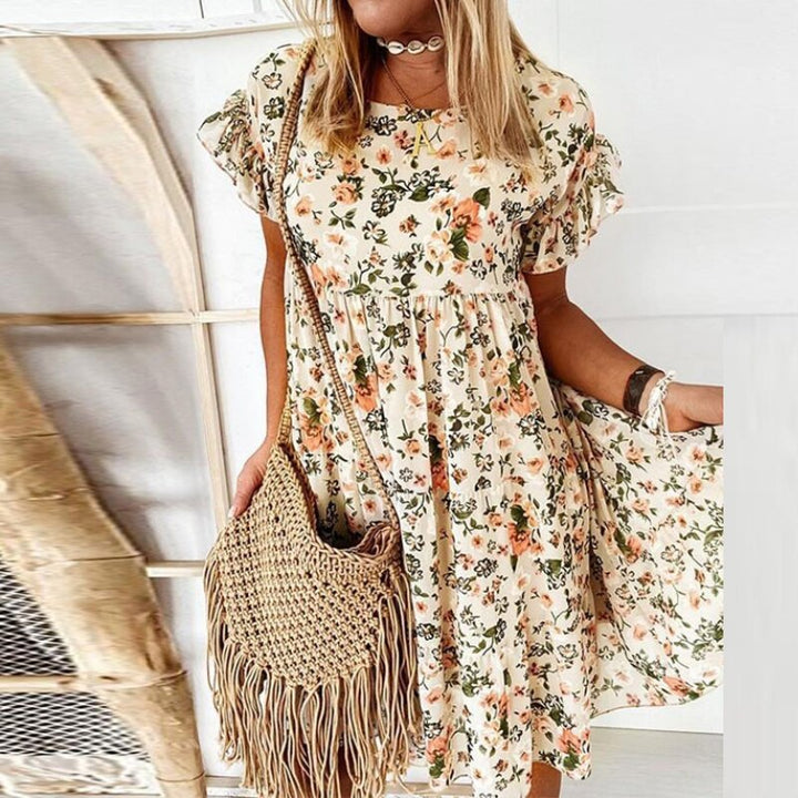Boho květinové šaty s volány a pasovým švem – Calista