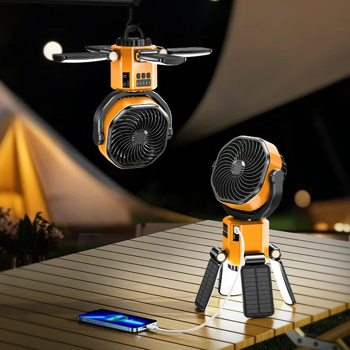 Solární ventilátor pro kempování s baterií 6000 mAh, LED světlem a 4stupňovým nastavením rychlosti – SunBreeze