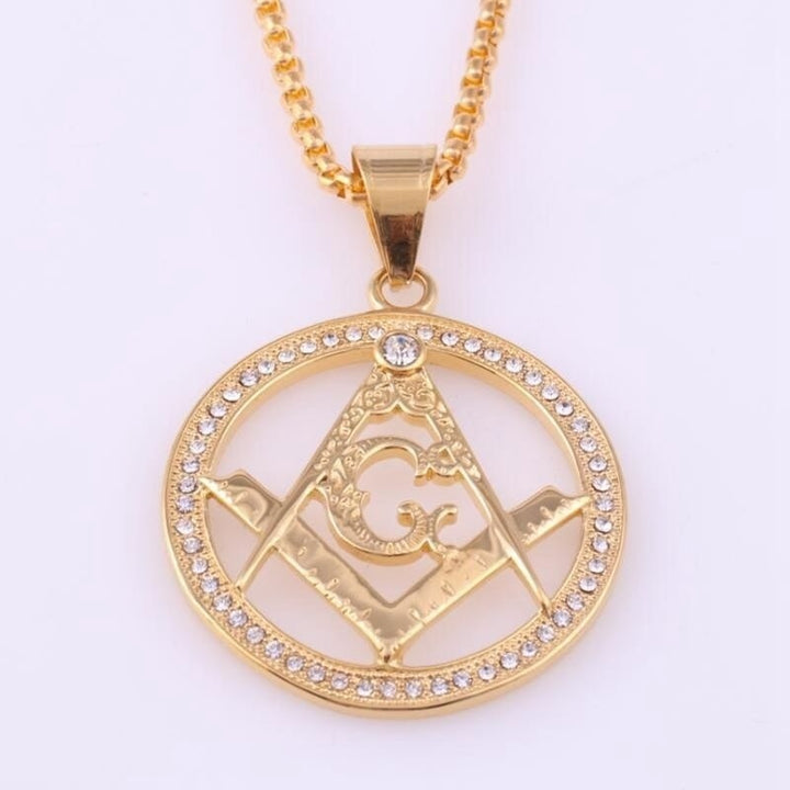 Goldener Freimaurer-Anhänger mit Zirkonia, rund, Kette, Schmuck, Herren, Damen, Geschenk.