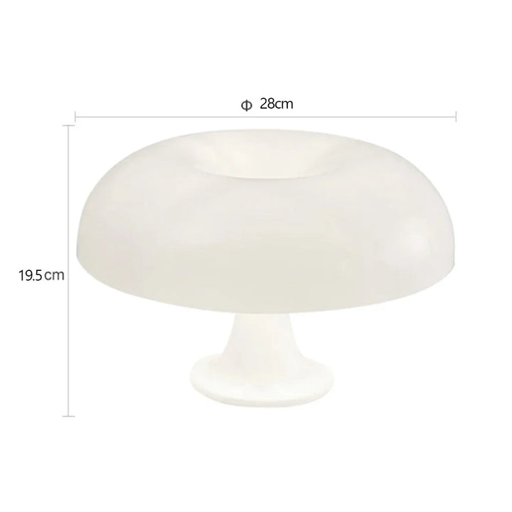 Bílá lampa s kótami rozměrů: průměr stínidla 28 cm a celková výška 19,5 cm. 8