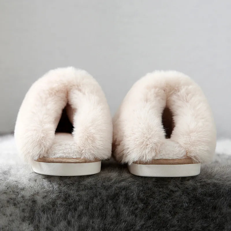 Beige Plüsch-Hausschuhe, flauschig, warm, rutschfest, Damen, gemütlich, Wintermode.