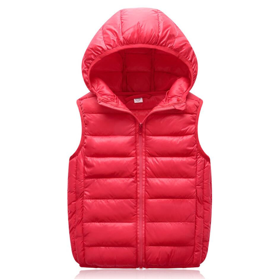 Rote Daunenweste mit Kapuze, ärmellos, Reißverschluss, Wintermode, Unisex, warm.