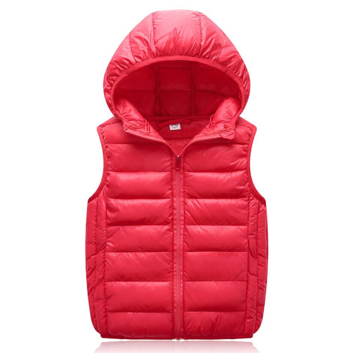 Rote Daunenweste mit Kapuze, ärmellos, Reißverschluss, Wintermode, Unisex, warm.