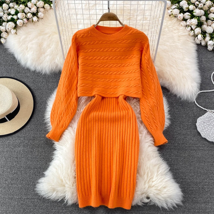 Orange Strickkleid Set, Zopfmuster, Langarm, Herbstmode, Damenbekleidung, Elegantes Design