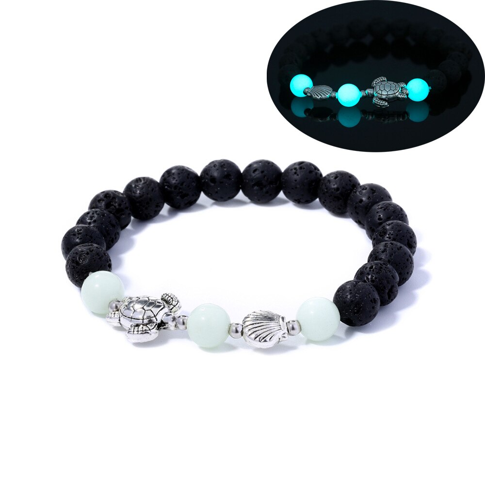 Schwarzes Lavastein-Armband mit leuchtenden Perlen und Schildkrötenanhänger, Damen Schmuck.