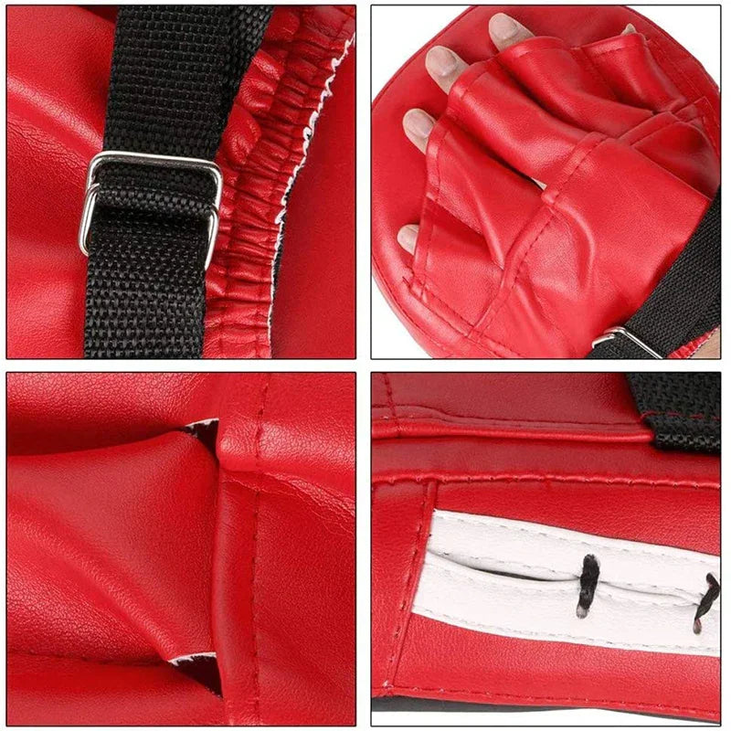 Rote Boxhandschuhe aus Leder mit Klettverschluss, gepolstert, für Kampfsport und Training.