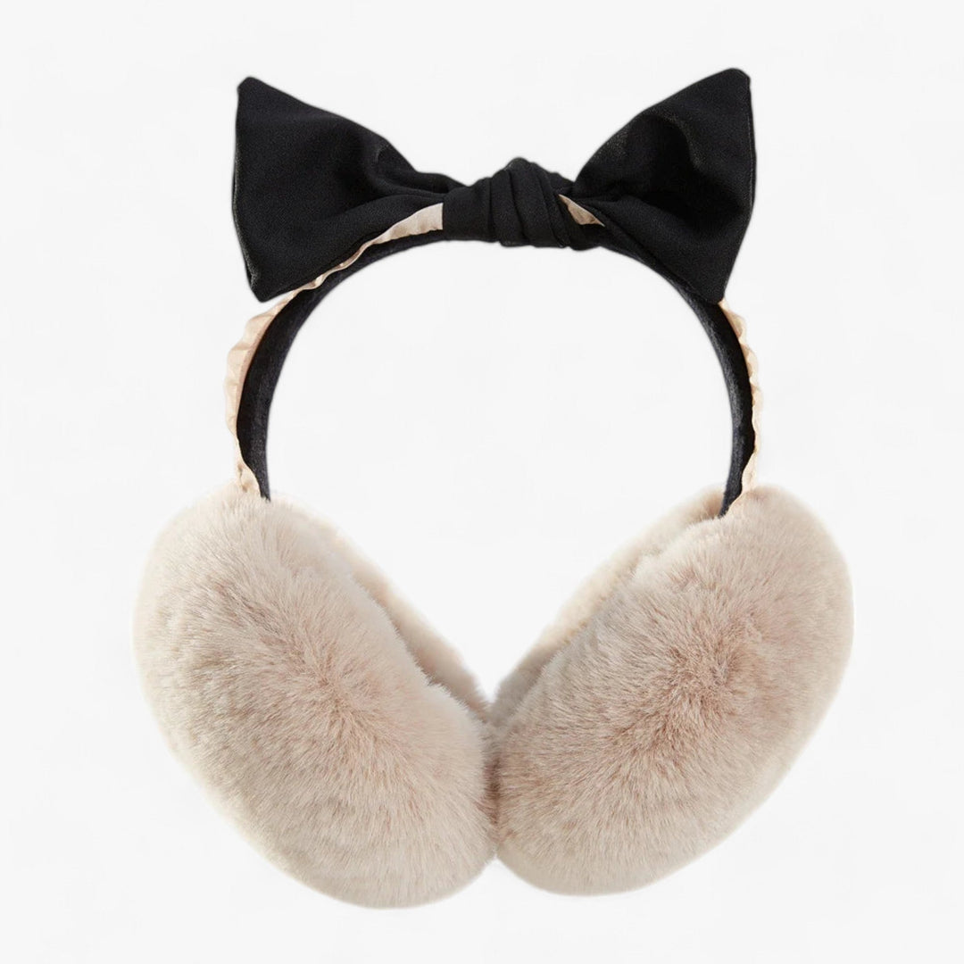Beige Ohrenschützer mit schwarzer Schleife, flauschig, Winteraccessoire, Damenmode.