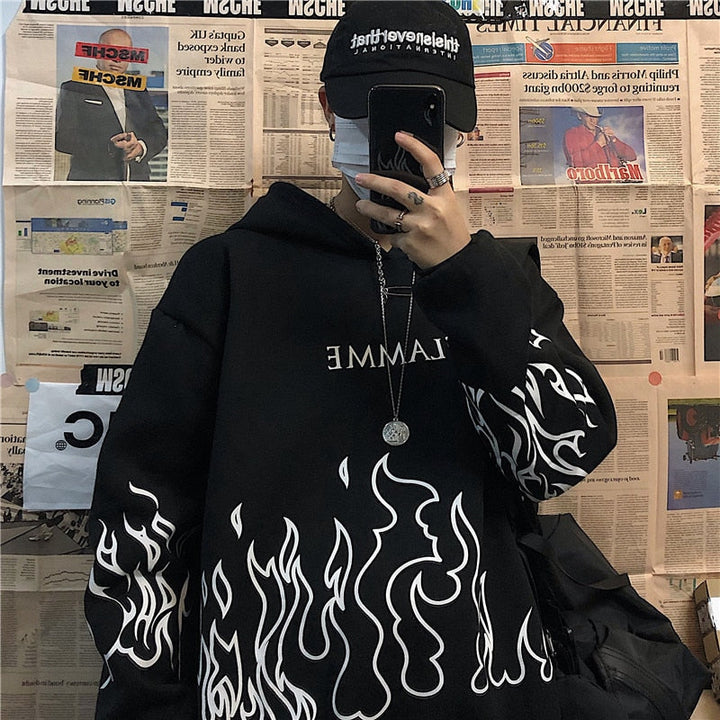 Schwarzer Hoodie mit Flammenmuster, Unisex, Streetwear, Baumwolle, lässig, modisch.