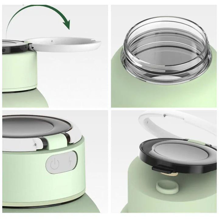 Grüner tragbarer Mixer, USB-aufladbar, mit abnehmbarem Deckel und Edelstahlklingen.