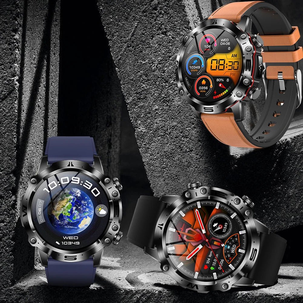 Drei sportliche Smartwatches, Edelstahlgehäuse, verschiedene Armbänder, digitale Zifferblätter.