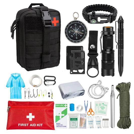 Überlebenskit mit Erste-Hilfe-Set, Kompass, Taschenlampe, Paracord-Armband, Schwarz.