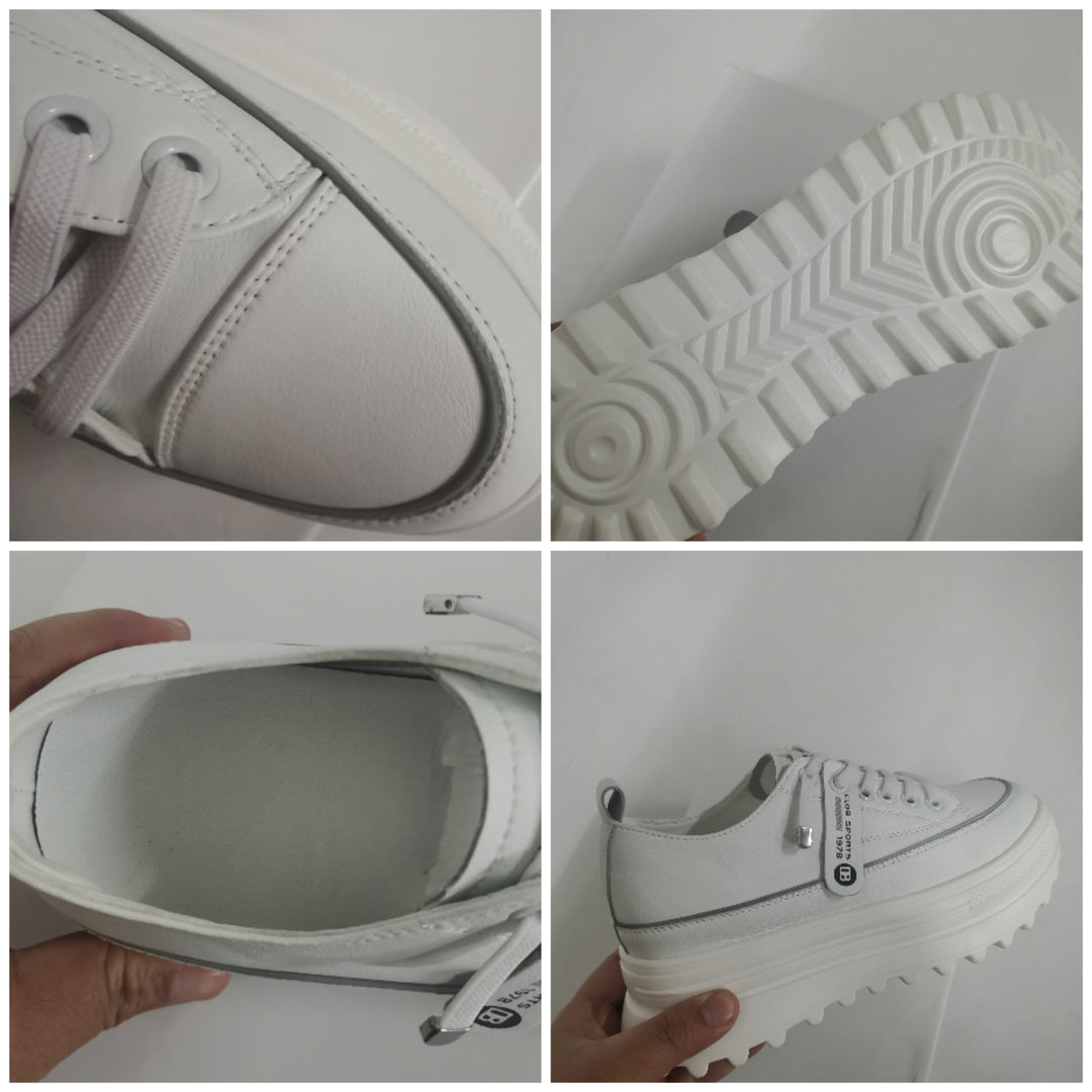 Weiße Sneaker aus Leder mit dicker Sohle, sportlich, modisch, unisex, seitliche Logo-Details.