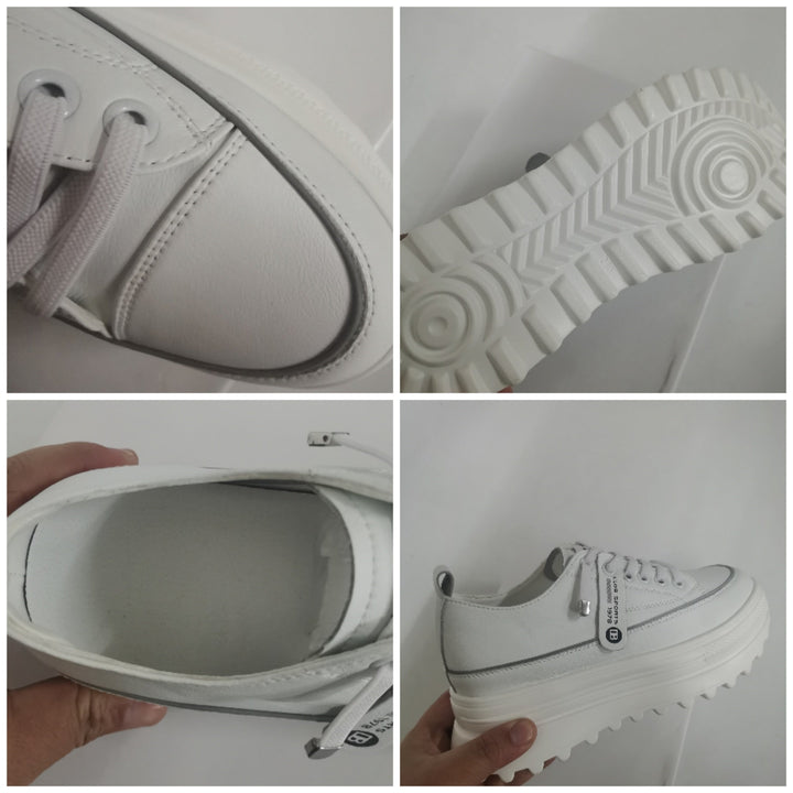 Weiße Sneaker aus Leder mit dicker Sohle, sportlich, modisch, unisex, seitliche Logo-Details.