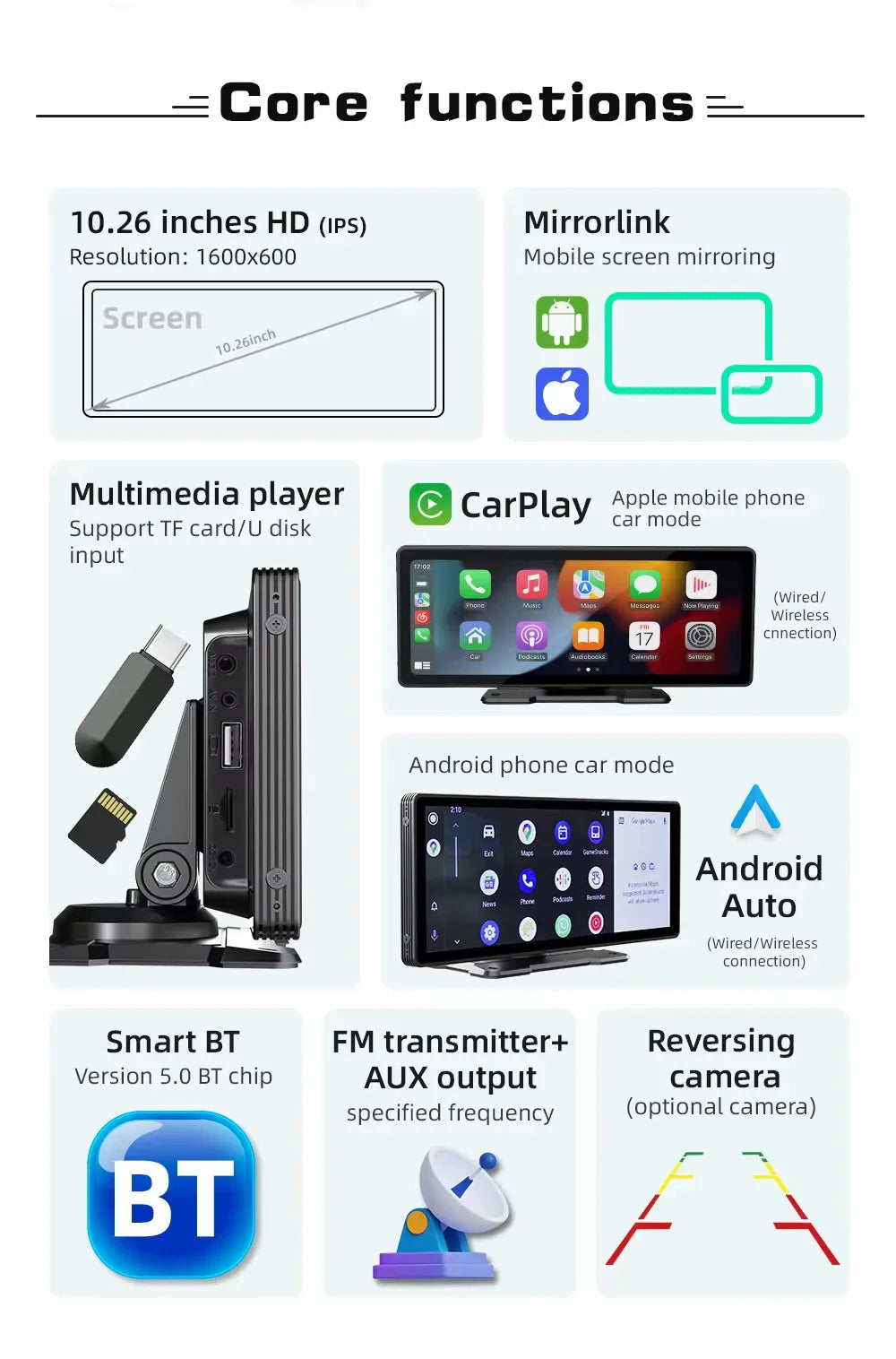 Univerzální 10,26palcový (26,06 cm) multimediální přehrávač do auta s bezdrátovým CarPlay a Android Auto