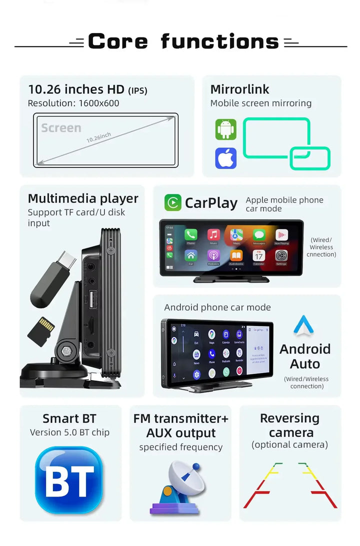 Univerzální 10,26palcový (26,06 cm) multimediální přehrávač do auta s bezdrátovým CarPlay a Android Auto