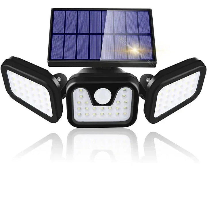 Schwarze LED-Solarleuchte mit Bewegungsmelder, dreifach verstellbar, energiesparend.
