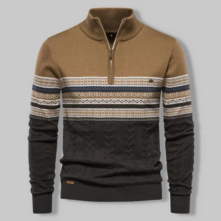 Herrenpullover mit Reißverschluss, braun-schwarz, Strickmuster, Wintermode, Baumwolle.