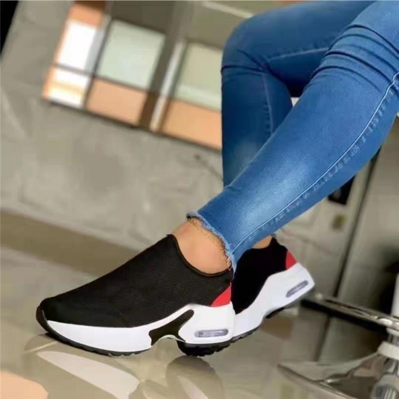 Schwarze Sneaker Damen, atmungsaktiv, weiß-rote Sohle, modisch, bequem, Freizeit-Laufschuhe.