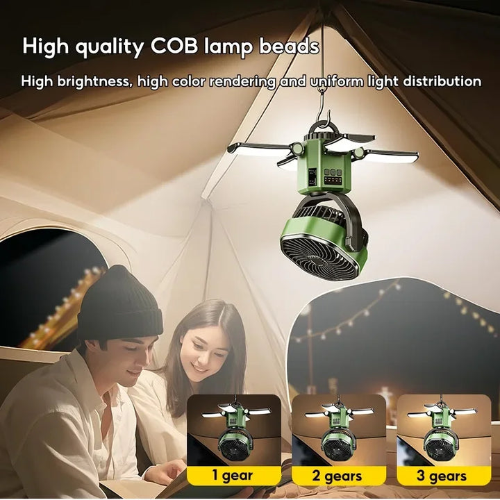 Solární ventilátor pro kempování s baterií 6000 mAh, LED světlem a 4stupňovým nastavením rychlosti – SunBreeze
