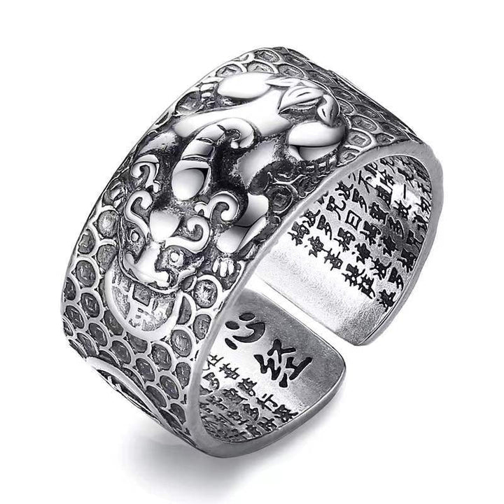 Silberner Drachenring mit chinesischen Schriftzeichen, verstellbar, Herren-Schmuck, Vintage-Stil.