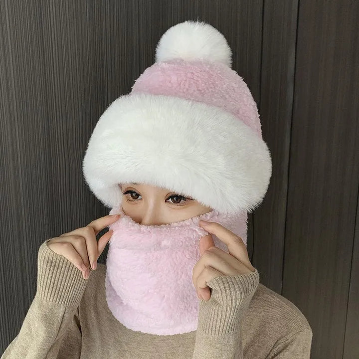 Damen Wintermütze rosa, flauschig, mit weißem Kunstfell, warm, modisch, Gesichtsschutz.