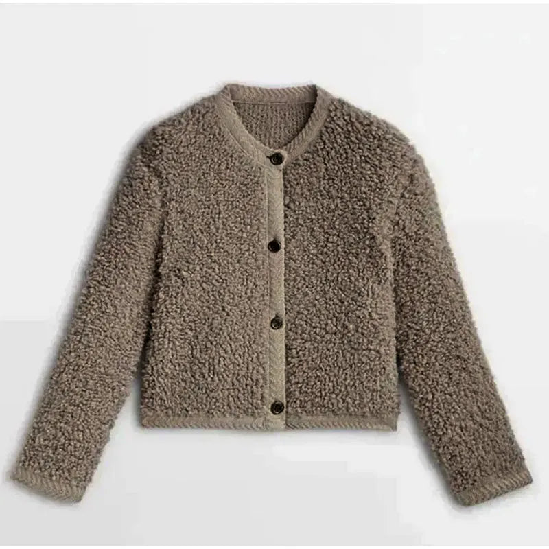 Braune Damen-Strickjacke aus Wolle, Knopfleiste, flauschig, warm, modisch, Herbstmode.
