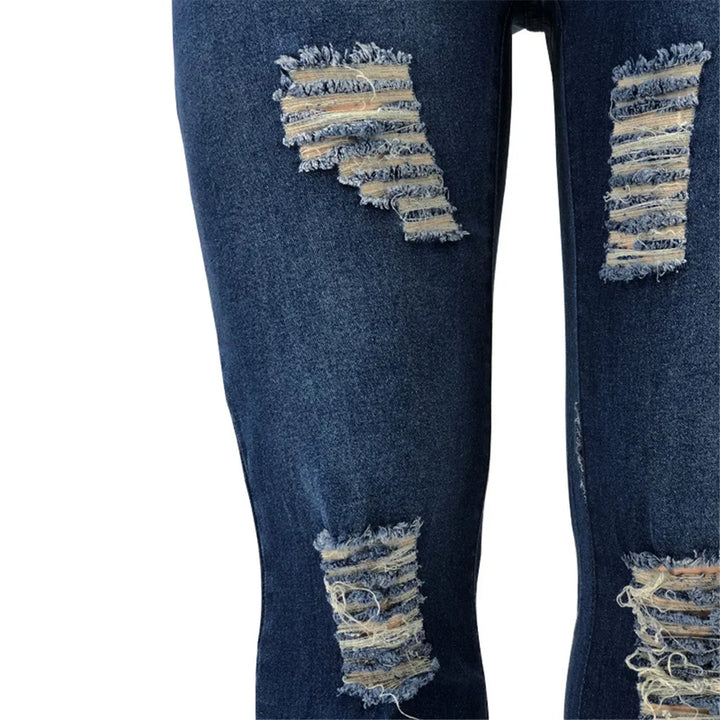 Dunkelblaue zerrissene Jeans, Damenmode, Vintage-Stil, Denim, modische Kleidung.