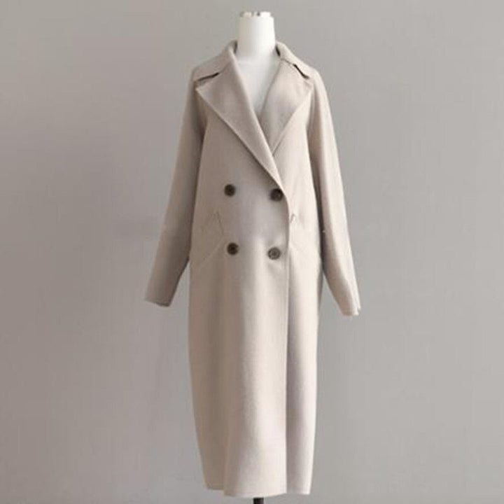 Beiger Damen-Wollmantel, lang, doppelreihig, elegantes Design, Herbstmode, warm.