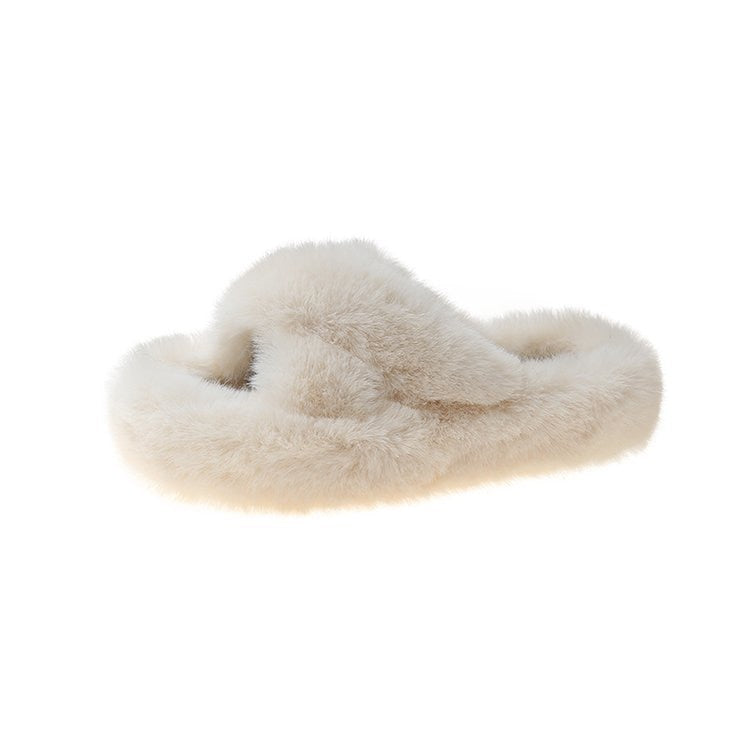 Beige flauschige Hausschuhe aus Kunstfell, gemütlich, rutschfest, Damenmode, Winteraccessoire.