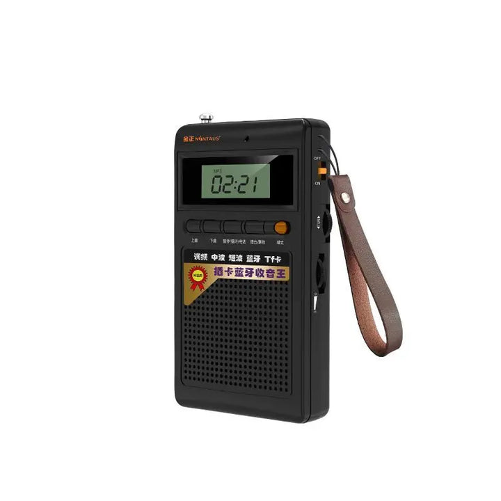 Schwarzes tragbares Radio mit digitalem Display und Lederschlaufe, ideal für unterwegs.