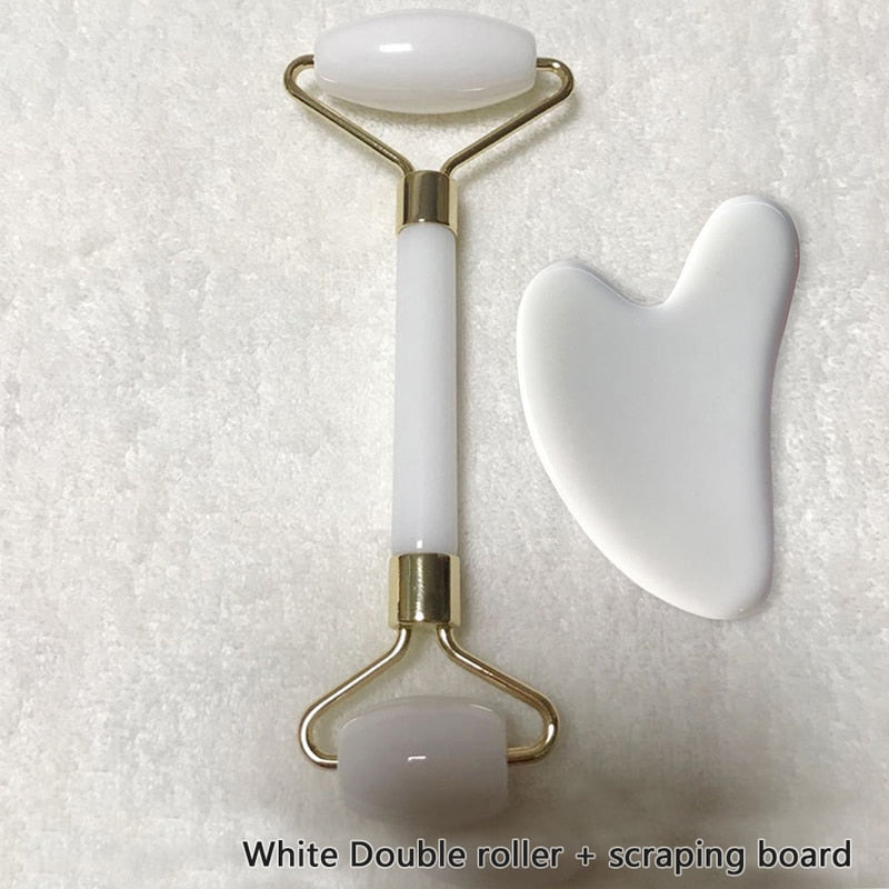 Weißer Gesichtsroller und Gua Sha Set, Marmoroptik, Hautpflege, Massagewerkzeug