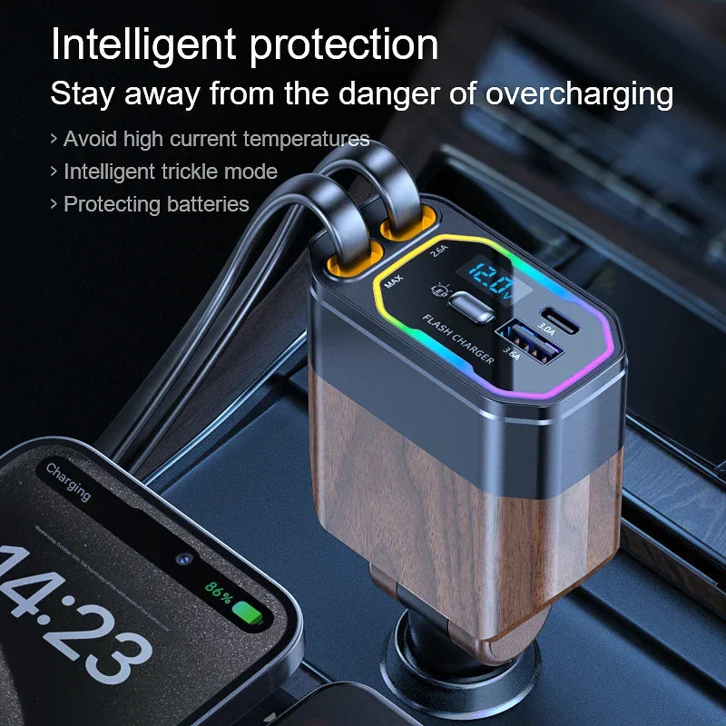 120W 4 v 1 rozšiřitelná autonabíječka s adaptérem USB‑C a adaptérem do zapalovače – Vega