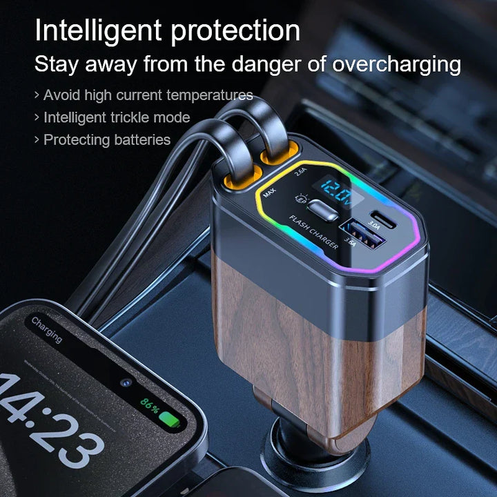 120W 4 v 1 rozšiřitelná autonabíječka s adaptérem USB‑C a adaptérem do zapalovače – Vega